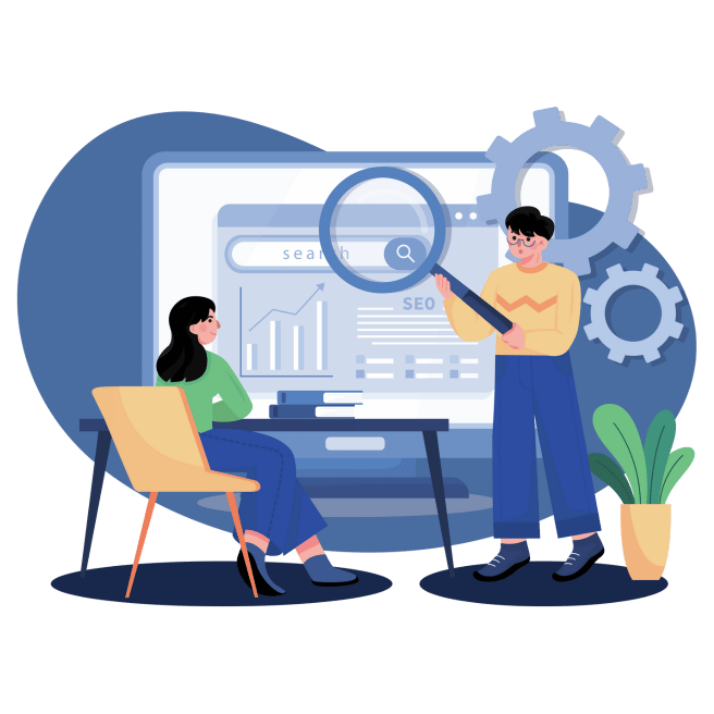 Illustration of website SEO structuring with content hierarchy, keyword optimization, and search engine ranking strategies.