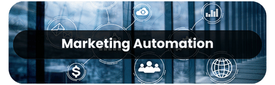 Marketing Automation concept with digital icons representing CRM, cloud computing, analytics, and global marketing.