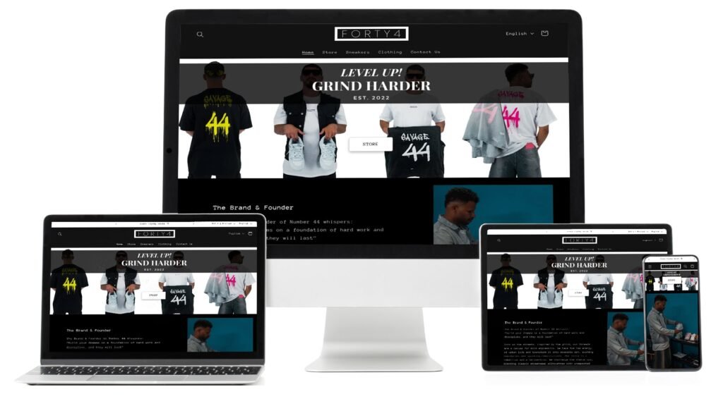 Forty4 Collection Shopify e-commerce website displayed on multiple devices, showcasing custom sneakers and clothing with a sleek black-themed design.