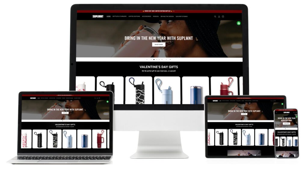 Mobile-first Shopify homepage redesign for SUPLMNT showcasing premium reusable water bottles and featured product collections